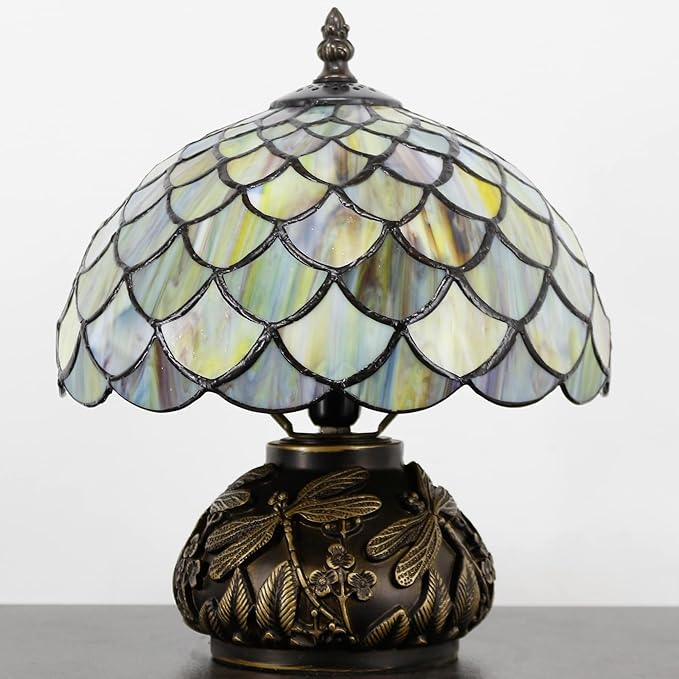 Small Tiffany Table Lamp Yellow Fish Scales Style Stained Glass Desk Lamp 10X11.5 Inch Mushroom Table Light for Office Home Living Room Bedroom