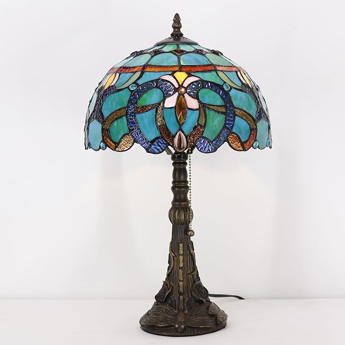 Tiffany Stained Glass Table Lamp 12X12X19 Inch Green Brown Jewelry Baroque Style Desk Bedroom Living Room Reading Light (Green Baroque)