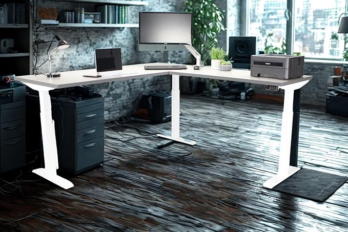 Lift It, Electric Sit Stand Height Adjustable 72"x30" I 48"x24" L-Shape Office Desk for Office or Home, Dual Motor and 4 Memory Digital Control with USB Charging, Grey Pattern Top, White Frame