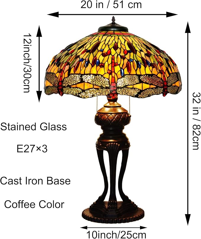 Tiffany Lamp Table Lamp Rose Dragonfly Tulip Wisteria Grape Peach Kapok Peony Apple Flower Design Stained Glass Lampshade Desk Lamp for Girl Living Room Iron Base W20 XH32,Dragonfly