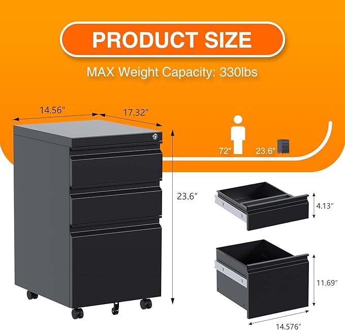 Metal Rolling File Cabinet with 3 Drawers, Under Desk Mobile Filing Storage Cabinet with Lock for Home Office Scool,Fully Assembled Except Wheels,Black