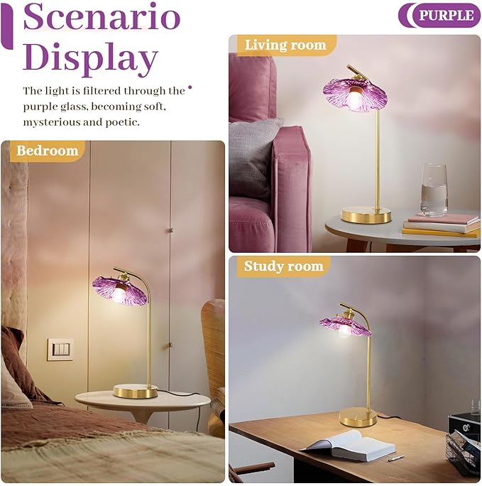 Mid Century Modern Table Lamp Gold Table Lamps Side Table Lamp with Glass Flower Shade Vintage Nightstand Lamp Purple Desk Lamp Touch Bedside Lamp for Bedroom Nightstand Living Room End Table
