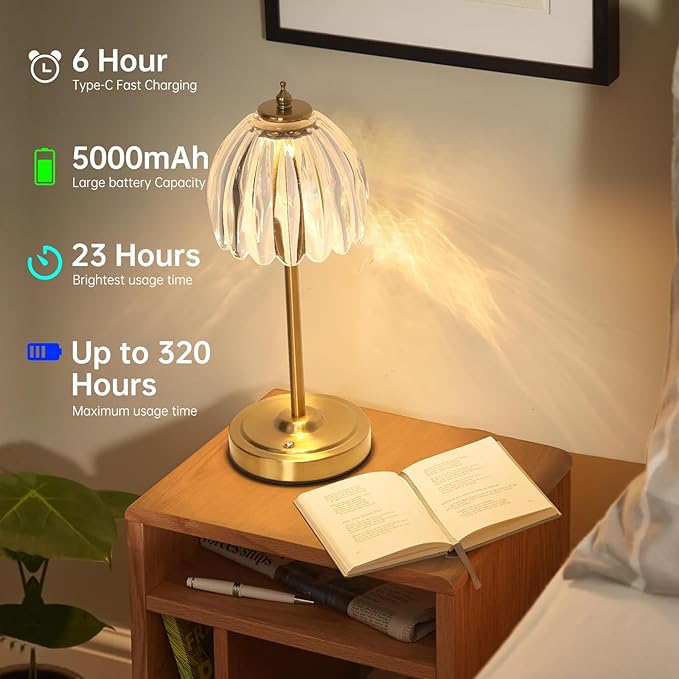 Set of 2 Cordless Table Lamp with 5000mAh Battery & Touch Control - 3 Adjustable Color Temperatures, Dimmable RechargeableTable Lamps for Bedroom, Office Desk, Nightstand (Transparent Tulip)