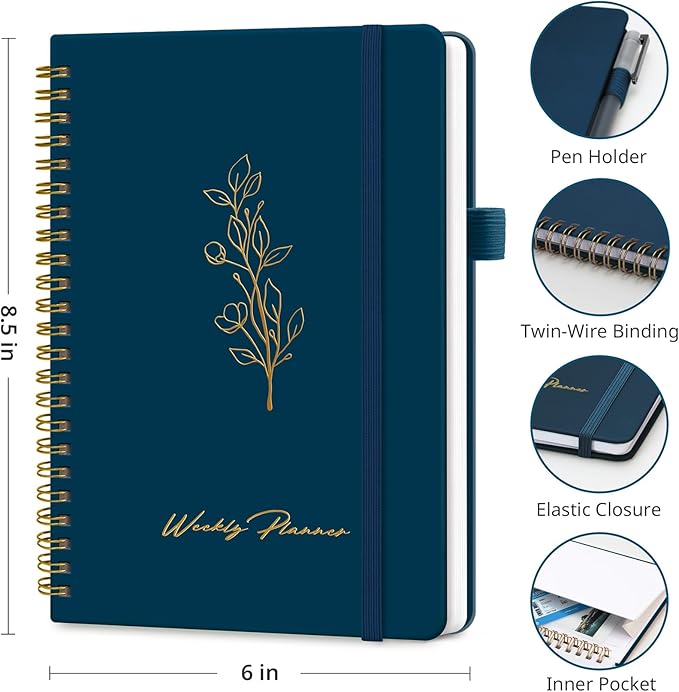 Undated Weekly Planner, Weekly To Do List Notebook with Goal & Habit Tracker Organizer, A5 Weekly Planner Notebook with Spiral Binding, 6.1" x 8.2" - Navy