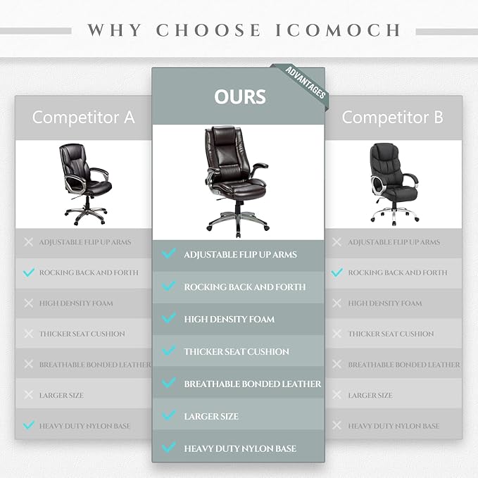 Leather Executive Office Chair - High Back Home Computer Desk Chair with Padded Flip-up Arms, Adjustable Tilt Lock, Swivel Rolling Ergonomic Chair for Adult Working Study, Brown