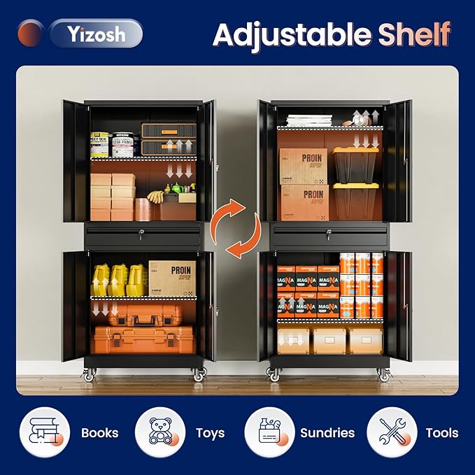 Yizosh Metal Garage Storage Cabinet with Locking Doors and Adjustable Shelves, 73" Rolling Tool Storage Cabinet with 4 Wheels and 1 Drawer for Garage,Warehouse (Black)