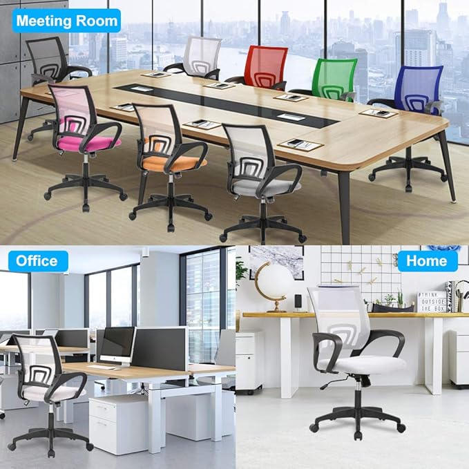BestOffice | Ergonomic Office Chair | Mid-Back Swivel Desk Chair | Breathable Backrest & Lumbar Support | Adjustable Height | Sponge Seat | Rolling Wheels | White | for Adults & Women