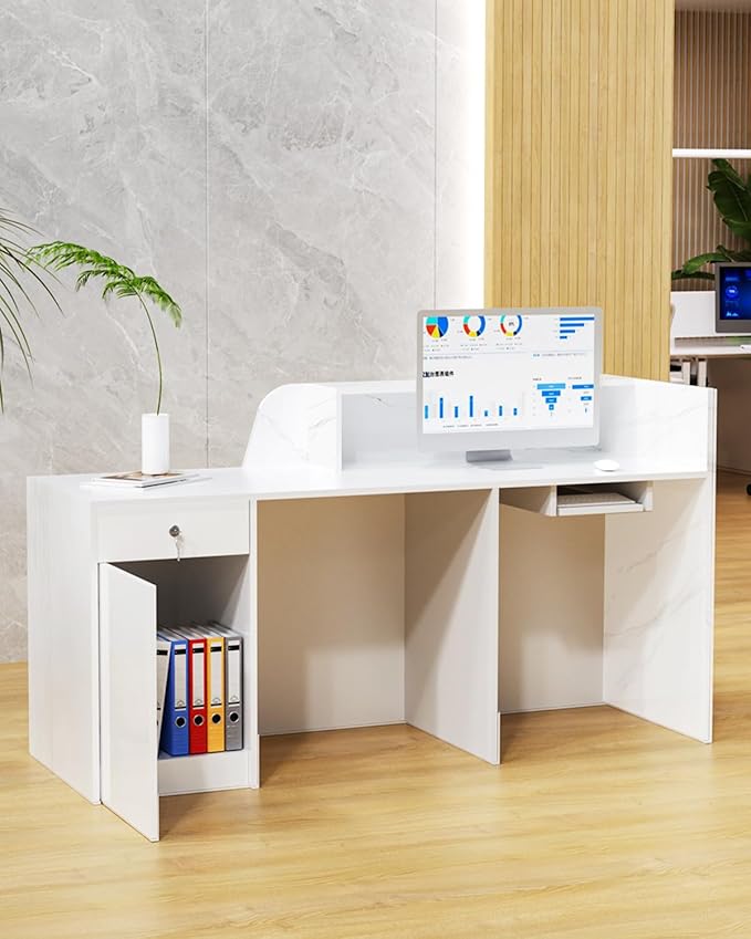 White Reception Desk, Solid Wood Reception Desk with Counter, Check Out Stand with Lockable Drawer & Cabinet, Retail Checkout Counter for Office, Store, Beauty Salon (White Grille-R, 63in)