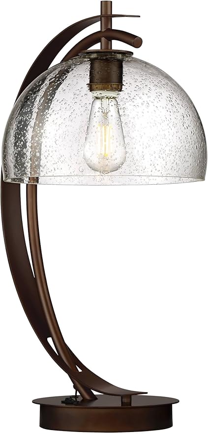 Possini Euro Design Calvin 22.5" High Modern Vintage Accent Table Lamp with USB Ports A+C Charging Filament LED Bronze Metal Glass Dome Shade - Living Room Desk Bedroom House Bedside Nightstand Home