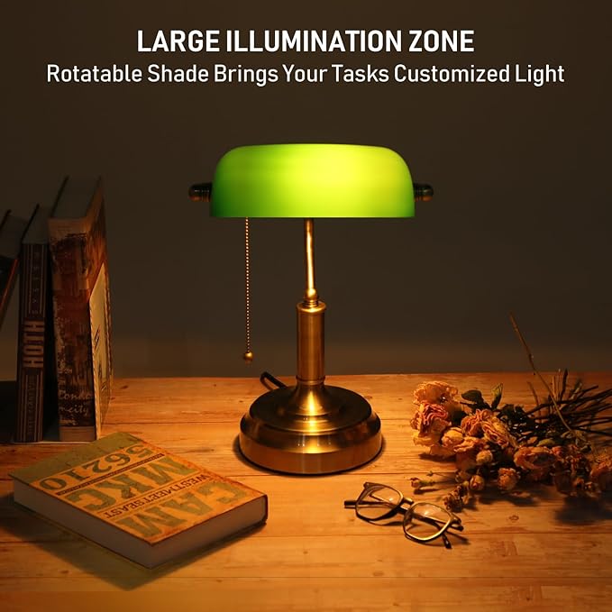 TORCHSTAR Green Glass Bankers Desk Lamp, UL Listed, Antique Desk Lamps with Brass Base, Traditional Library Lamp with Pull Chain, E26 Base, Vintage Desk Lamp for Office, Study Room
