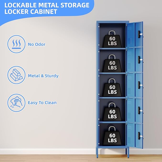 Metal Locker with Lock and Ventilation Holes,Metal Storage Locker with Business Card Slof for Home,Gym,Garage,School,Office,66" H x 15.8" W x 15.8" D Assembly Required,Blue