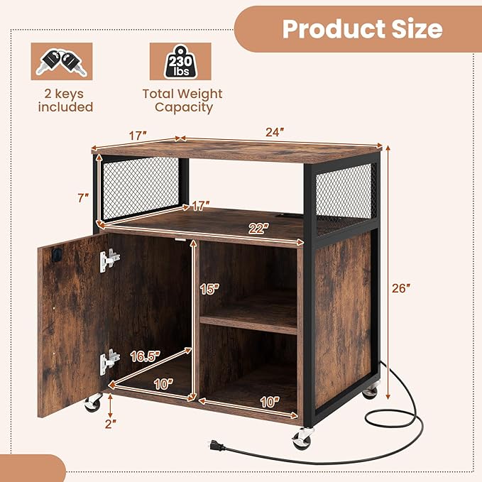 LOKO Rolling File Cabinet with Charging Station, Mobile Lateral Filing Cabinet with Lock, Adjustable Shelf, Metal Frame, Modern Printer Stand on Lockable Wheels for Home Office, Small Space (Brown)