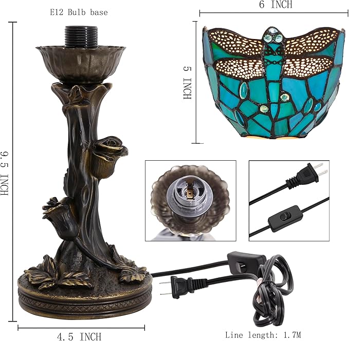 Small Tiffany Lamp Stained Glass Table Lamp Desk Uplight 6X6X13.5 Inch for Bedroom Bedside Office (Green Dragonfly)