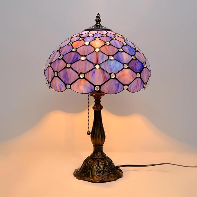 Tiffany Lamp Vintage Deep Blue Stained Glass Bead Table Lamp Desk Bedside Reading Light Decor Bedroom Living Room Home Office D12*H18 Inches
