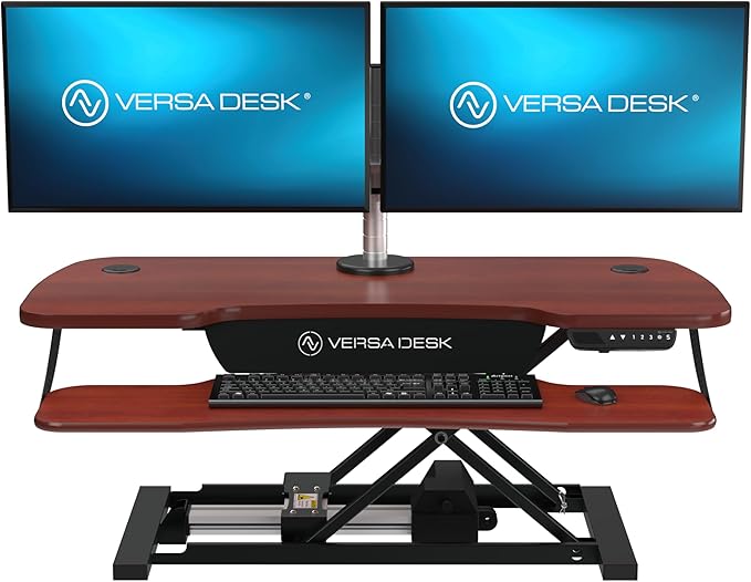 VERSADESK® PowerPro™ Elite 40” x 24" – App Controlled Electric Standing Desk Converter w/USB Charging Port. Raises up to 20”. Fully Assembled – Includes LED Lights. Supports 80 lbs. – Cherry
