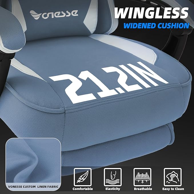 Vonesse Gaming Chair, Computer Chair Fabric with Pocket Spring Cushion, Office Chair with Footrest and Massage Lumbar Support, Reclining Gaming Chairs for Adults 250LBS (Blue)