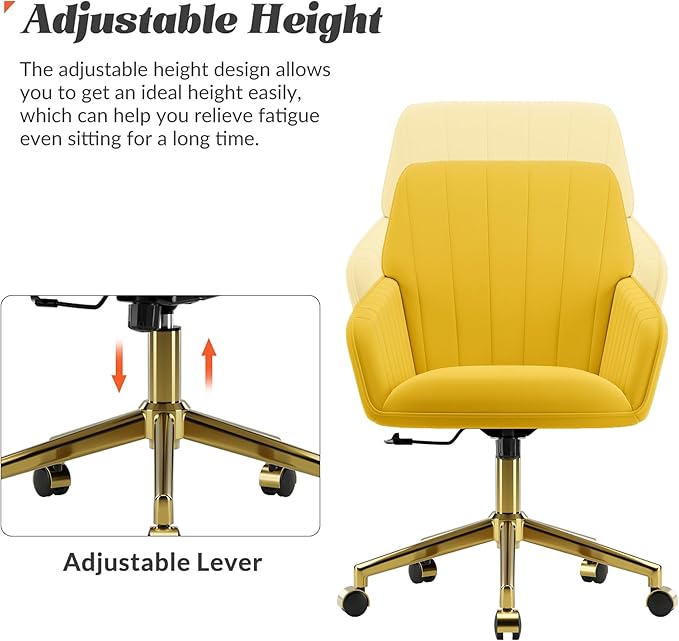YISHENG Velvet Office Desk Chair with Gold Base, with Wheels,Modern Height Adjustable 360 Degree Swivel Upholstered Vanity Chairs with Arms for Living Room Bedroom.Yellow