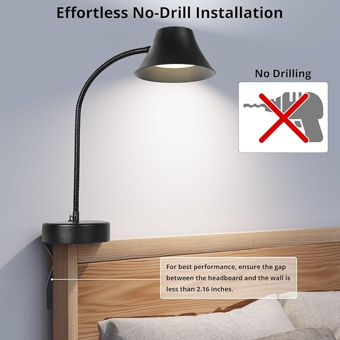 TONYFUL Bed Reading Light, Eye Care Headboard Lamp, No Drilling Headboard Light, 5 Color Temperatures & 10 Brightness Bed Lamp, Flexible Gooseneck, Top Ambient Lighting Bedside Lamp(Black)