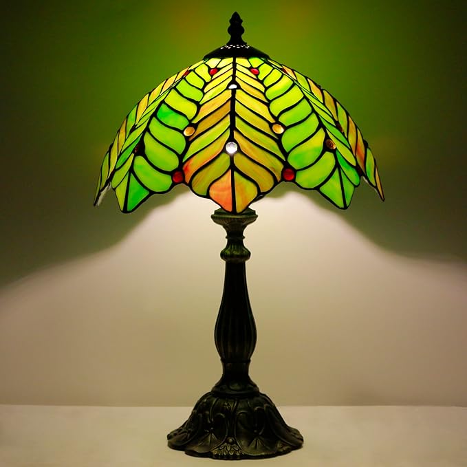 Tiffany Lamp Touch Control Table Lamp Brown Green Leaf Style Stained Glass Desk Lamp 12X12X19 Inches Reading Light