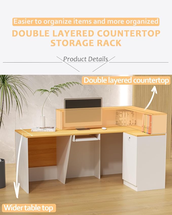 L-shaped Reception Desk, Solid Wood Reception Desk with Counter, Check out Stand with Lockable Drawer & Cabinet, Retail Checkout Counter for Office, Store, Beauty Salon (L-Shaped-Light Walnut-L, 63in)