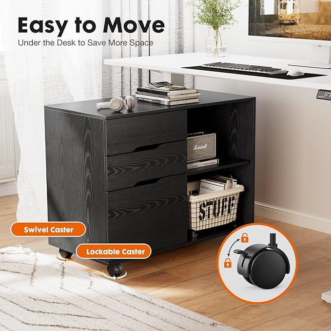 File Cabinet with 3 Drawers, Mobile Lateral Filing Cabinet with Open Storage Shelves for Home Office Under Desk Storage, Black