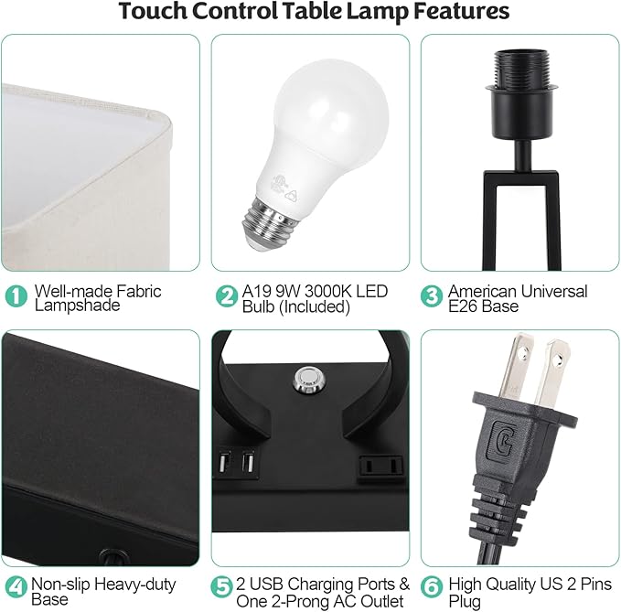 Touch Control Table Lamps Set of 2, 3-Way Dimmable Bedside Nightstand Lamps with Dual USB Ports and 2-Prong AC Outlet for Bedroom Living Room Dorm Office, Bulbs Included