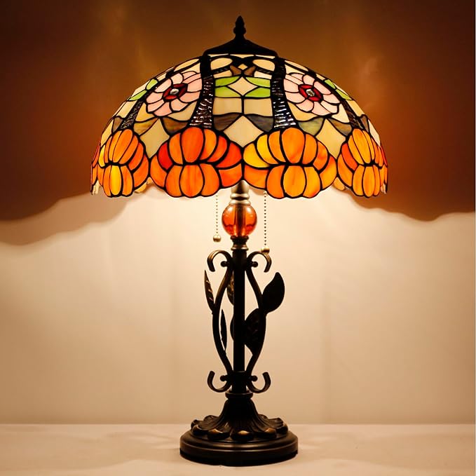 Tiffany Table Lamp Yellow Flower Stained Glass Desk Reading Light 16X16X24 Inch Metal Leaf Base for Bedroom Living Room Home Office