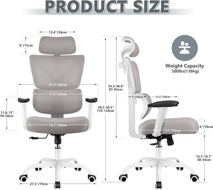Winrise Office Chair Ergonomic Desk Chair, High Back Gaming Chair, Big and Tall Reclining Chair Comfy Home Office Desk Chair Lumbar Support Breathable Mesh Computer Chair Adjustable Armrests (Gray)