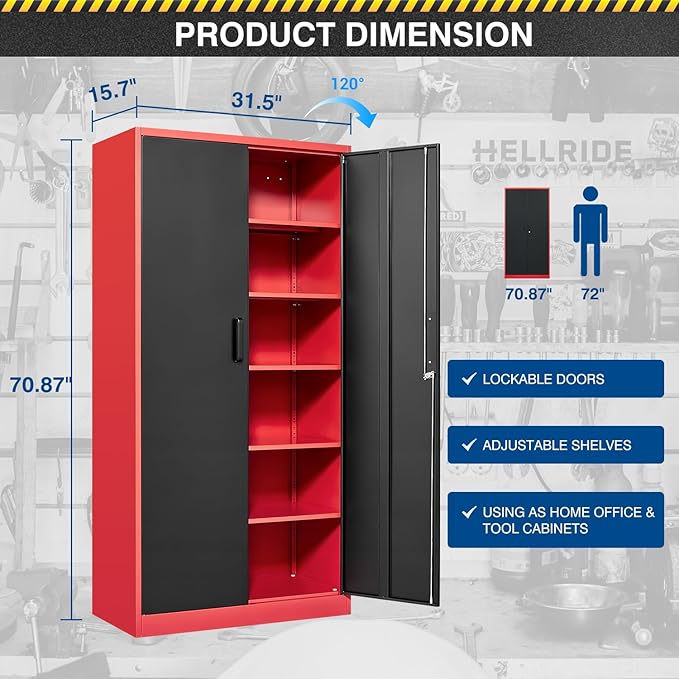 Metal Storage Cabinet-71” Tall Steel File Cabinets with Lockable Doors and Adjustable Shelves-Black&Red Steel Storage Cabinet for Home, School, Office, Garage