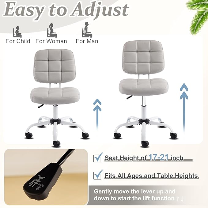 VINGLI Compact Small Desk Chair, Cute Armless Chair with Wheels, Vanity Chair with Low Back, Height Adjustable Task Chair for Small Spaces, Office, Bedroom, Make Up Room, PU Leather, Light Grey