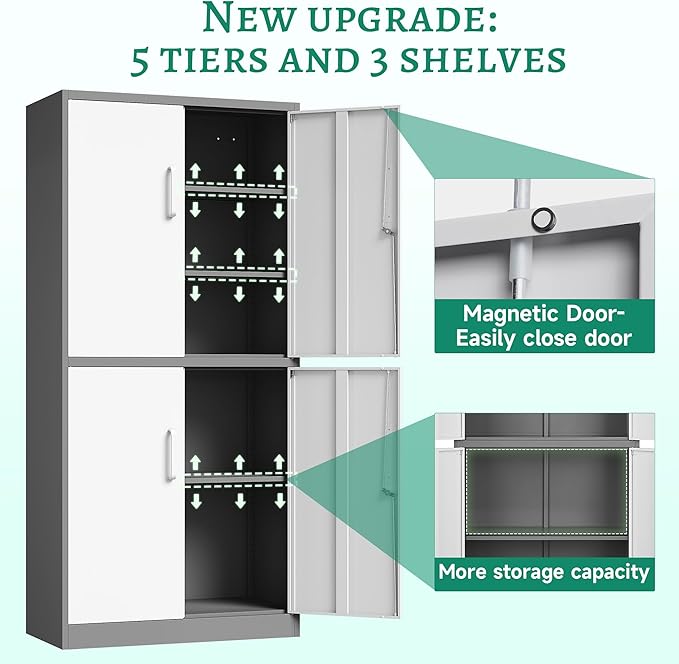 Letaya Metal Storage Cabinet with Lock Door, Adjustable Shelf Steel Cabinets for Office, Home,Pantry,Kitchen,Garage Utility Cabinet (4 Door-White&Gray)