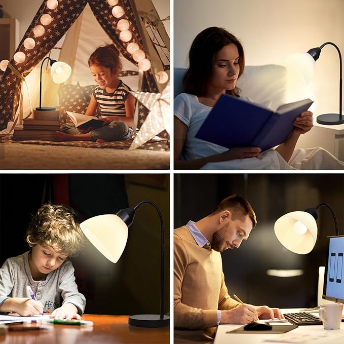 LED Desk Lamp for Home Office, 3 Levels Dimmable Reading Light, Flexible Gooseneck Table Lamp for Bedside Office, Rotary Switch Control, Desk Lamp for College Dorm Study Lamp, Bulb Included, Black