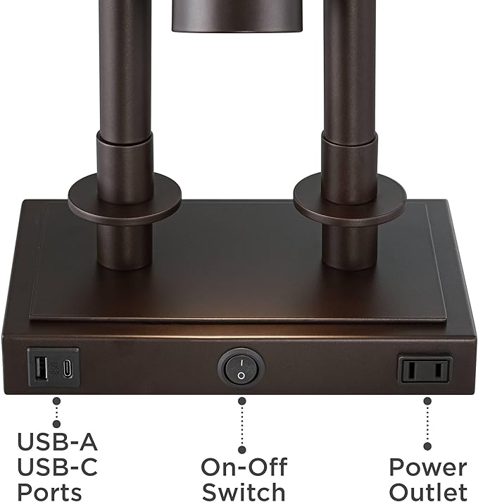 Possini Euro Design Bishop 26 1/2" Tall Modern Desk Lamp with USB Charging Port A+C and AC Power Outlet Brown Bronze Finish Metal Base White Shade Home Office Living Room Bedroom Bedside Nightstand