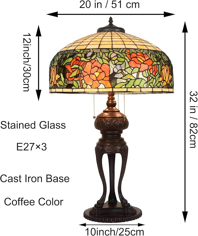 Tiffany Lamp Table Lamp Rose Dragonfly Tulip Wisteria Grape Peach Kapok Peony Apple Flower Design Stained Glass Lampshade Desk Lamp for Girl Living Room Iron Base W20 XH32,Rose
