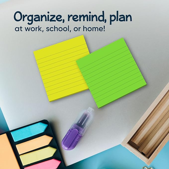 Lined Sticky Notes 3x3 Pack of 8, Bright Colored Super Self Sticky Pads - 60 Sheets/Pad - Easy to Post for School, Office Supplies, Desk Accessories