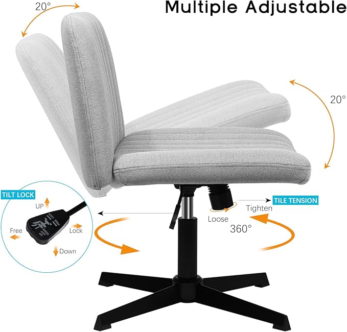 PUKAMI Criss Cross Chair,Armless Cross Legged Office Desk Chair No Wheels,Fabric Padded Modern Swivel Height Adjustable Mid Back Wide Seat Computer Task Vanity Chair for Home Office(Grey)