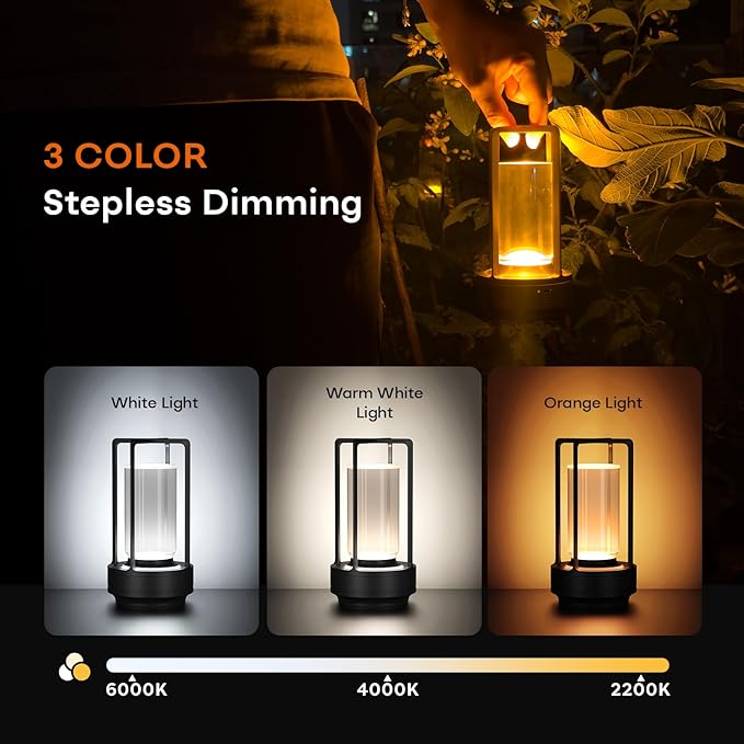 Portable Outdoor Table Lamp, Cordless Dimmable Touch Table Light, Rechargeable Battery Operated Small Lamp with 3 Colors and Brightness Control for Bedroom/Patio/Camping/Bar/Coffee Shop (Black)