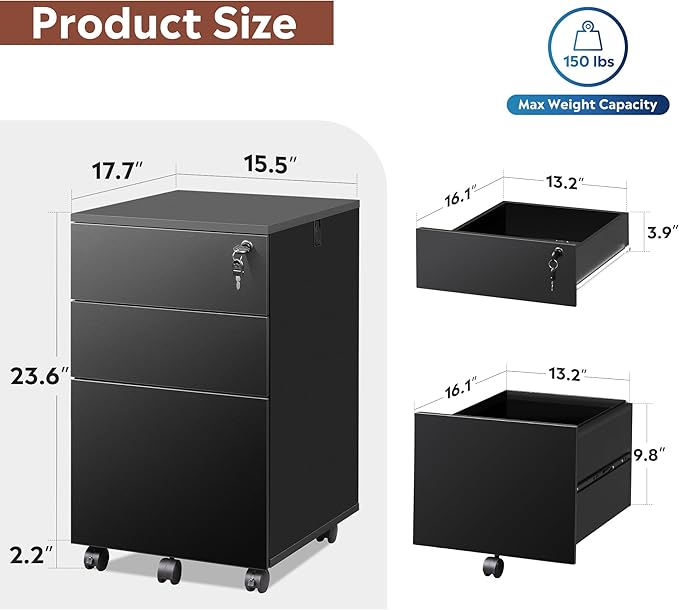 DEVAISE 3 Drawer File Cabinet with Lock, Small Rolling Filing Cabinet Under Desk, Wood Office Drawers Fits Letter/Legal/A4 Size Folders, Black