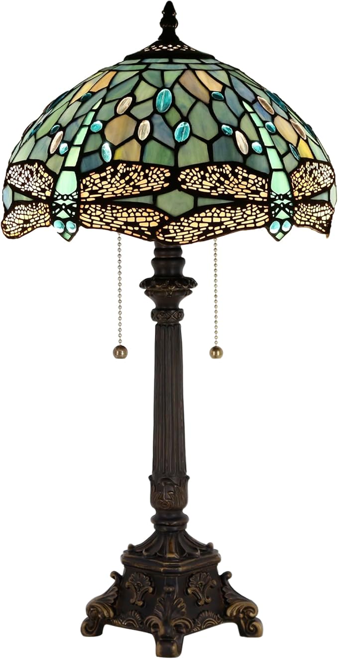 Tiffany Table Lamp Sea Blue Stained Glass Desk Lamp 12X12X21 Inches Dragonfly Style Reading Light
