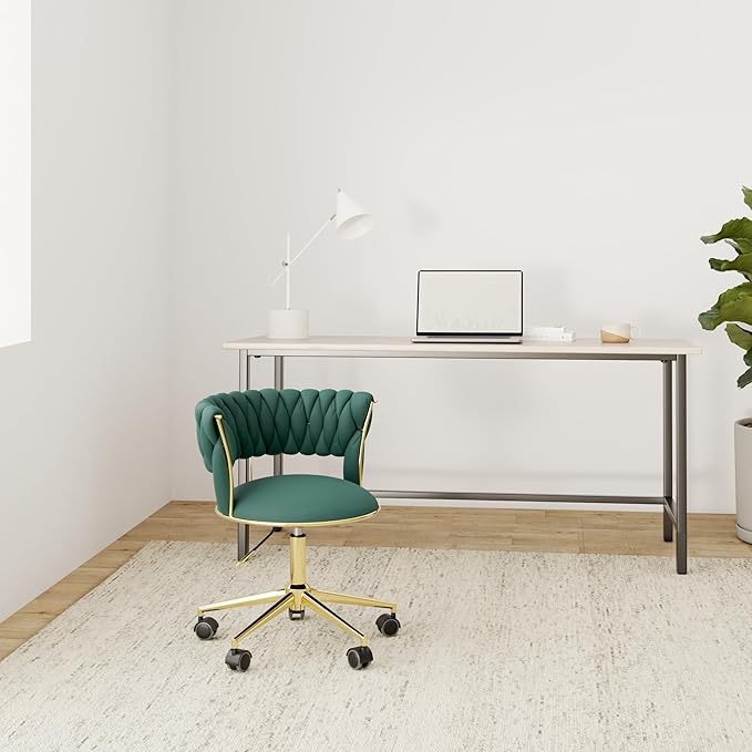 NIOIIKIT Velvet Office Desk Chair with Hand Woven Backrest, 360° Swivel & Height Adjustable Task Chairs, Makeup Chair, Living Room Chairs with Stainless Base and 5 Wheels (Emerald)