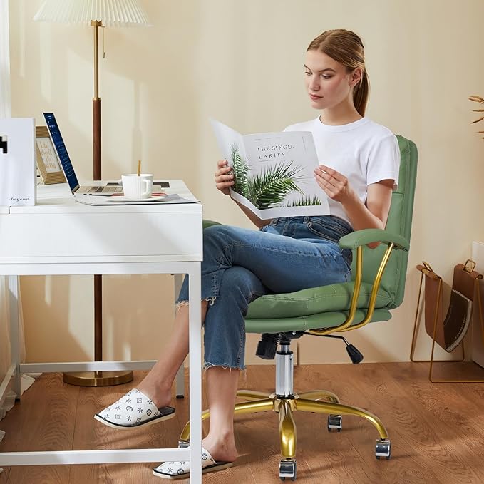 Leather Home Office Desk Chair, Mid-Back Vanity Chair Make Up Chair with Gold Wheels and Armrests, Rolling Swivel Computer Task Chair for Office Bedroom Living Room Girls Women, Green, 2 Pack