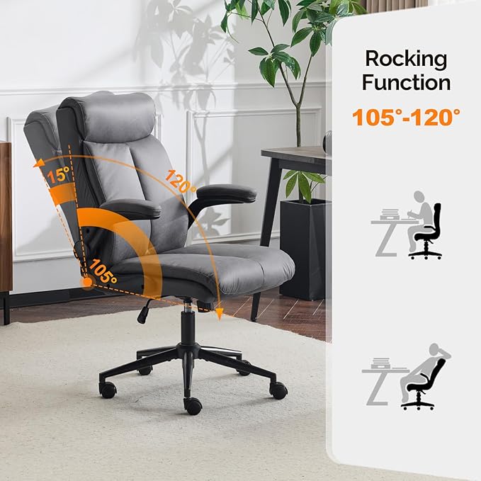 VINGLI Rolling Ergonomic Office Desk Chair with Padded Flip-up Arms, 360° Swivel High Back Executive Computer Task Chair with Wheels for Game,Home Small Space, Study Room, Reading Room,Pu Grey