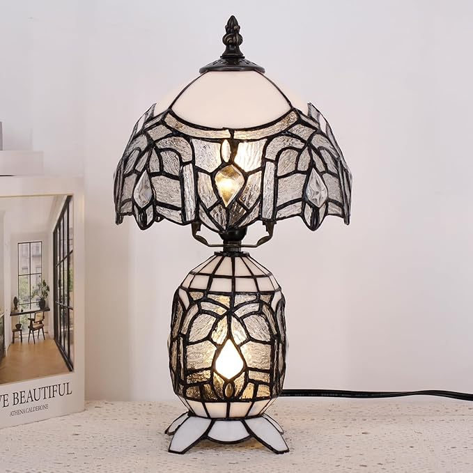 Small Tiffany Lamp Stained Glass Table Lamp Mini Mother Daughter Vase Desk Accent Light for Bedroom Bedside Reading Home Antique Style Decor 8X14 Inches (White)