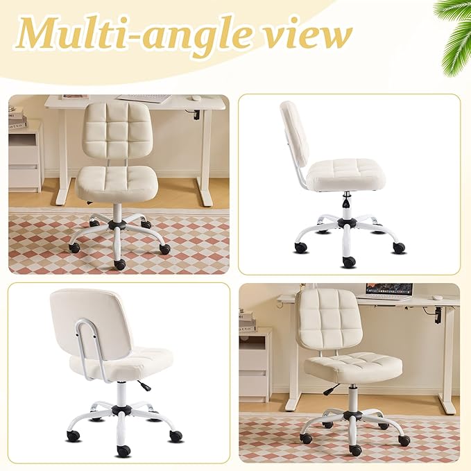 VINGLI Compact Small Desk Chair, Cute Armless Chair with Wheels, Vanity Chair with Low Back, Height Adjustable Task Chair for Small Spaces, Office, Bedroom, Make Up Room, PU Leather, White