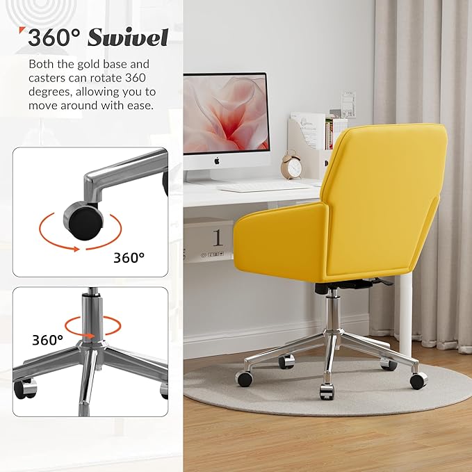 YISHENG Velvet Office Desk Chair with Silver Base, with Wheels,Modern Height Adjustable 360 Degree Swivel Upholstered Vanity Chairs with Arms for Living Room Bedroom,Yellow