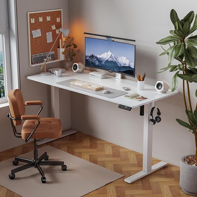 40x24 Inches Height Adjustable Electric Standing Desk with 2 Hooks for Home Office, Ergonomic Sit Stand up Desk with Splice Board, White