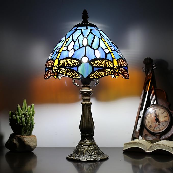 Tiffany Table lamp 8-inch Small Stained Glass lamp in a Vintage Dragonfly Pattern Style can be Used as a Decoration for The Living Room Bedside in The Bedroom or Desk