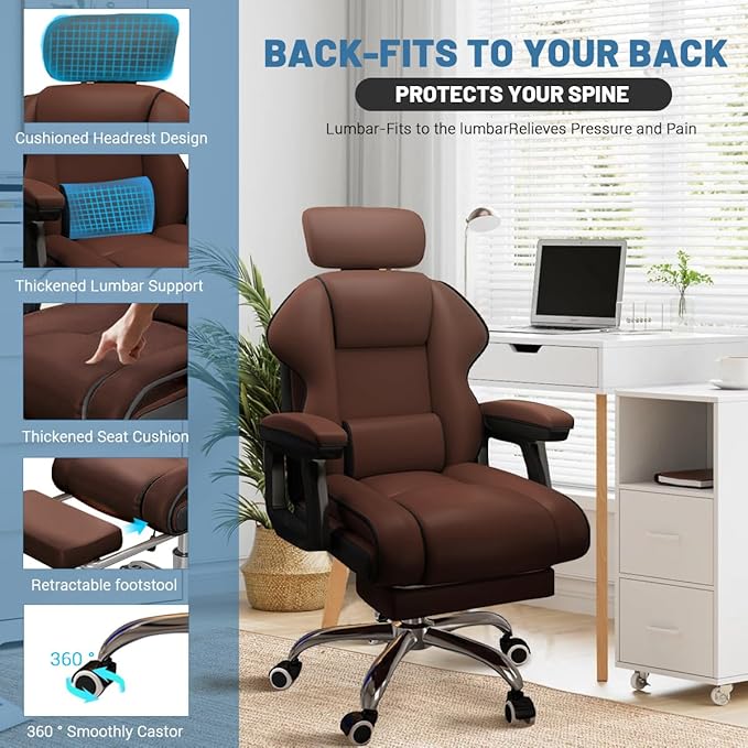 Executive Computer Chair Home Office Desk Chair,Adjustable Angle, Ergonomic Adjustable Height PU Leather Chairs with Cushions Armrest for Long Time Seating-High Office Chair with Footrest