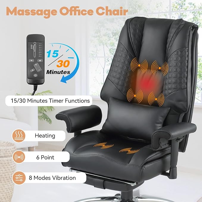 Massage & Heated Office Chair with Foot Rest, Ergonomic Executive Office Chair with Reclining Backrest, Adjustable Arms and Lumbar Support, High Back Leather Desk Chairs for Home Office, Black