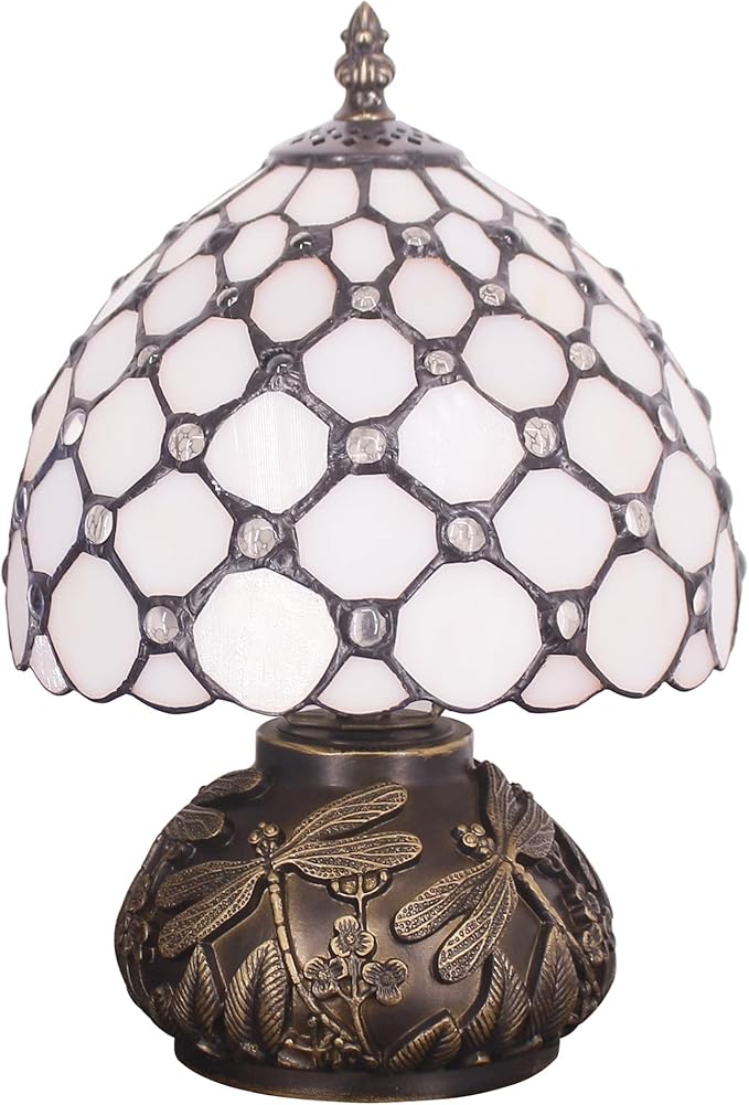 Small Tiffany Lamp Mini Stained Glass Table Lamp Cream Pearl Beads Style Mushroom Desk Light Memory Sympathy Lamp 8X11 Inch